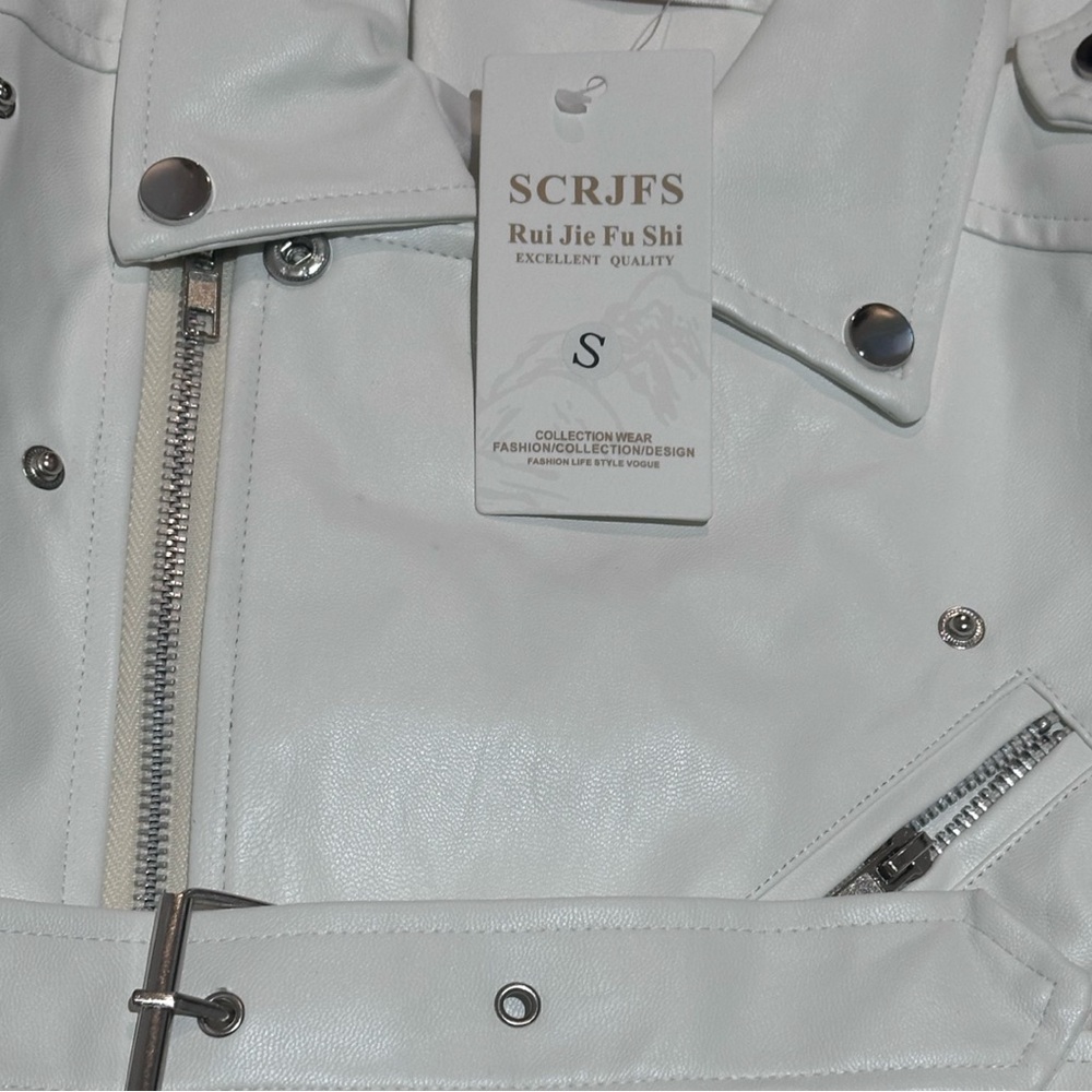 White PU Leather Short Jacket with Belt - Picture 5 of 6